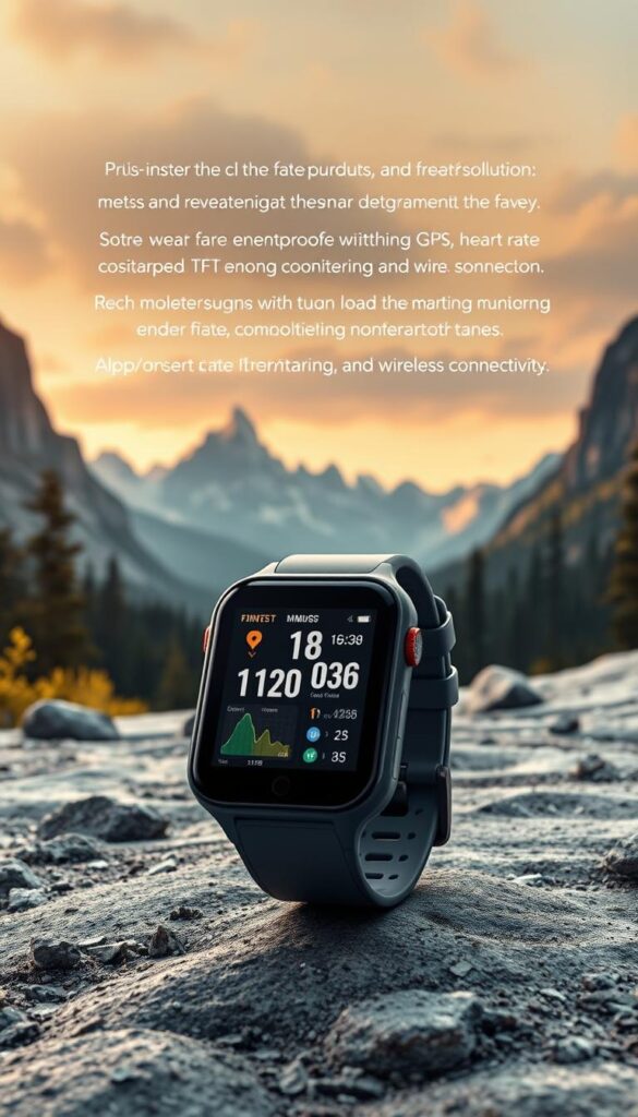 A futuristic landscape teeming with cutting-edge technologies. In the foreground, a sleek fitness tracker with a crisp, high-resolution display showcases an array of advanced metrics and smart features. The middle ground features a rugged, weatherproof wearable device equipped with GPS, heart rate monitoring, and wireless connectivity. In the background, a panoramic vista of towering mountains and lush forests, hinting at the tracker's outdoor capabilities. Warm, diffused lighting illuminates the scene, creating a sense of innovation and exploration. The overall mood is one of sophisticated, next-generation functionality seamlessly integrated with the natural world. A futuristic landscape teeming with cutting-edge technologies. In the foreground, a sleek fitness tracker with a crisp, high-resolution display showcases an array of advanced metrics and smart features. The middle ground features a rugged, weatherproof wearable device equipped with GPS, heart rate monitoring, and wireless connectivity. In the background, a panoramic vista of towering mountains and lush forests, hinting at the tracker's outdoor capabilities. Warm, diffused lighting illuminates the scene, creating a sense of innovation and exploration. The overall mood is one of sophisticated, next-generation functionality seamlessly integrated with the natural world.