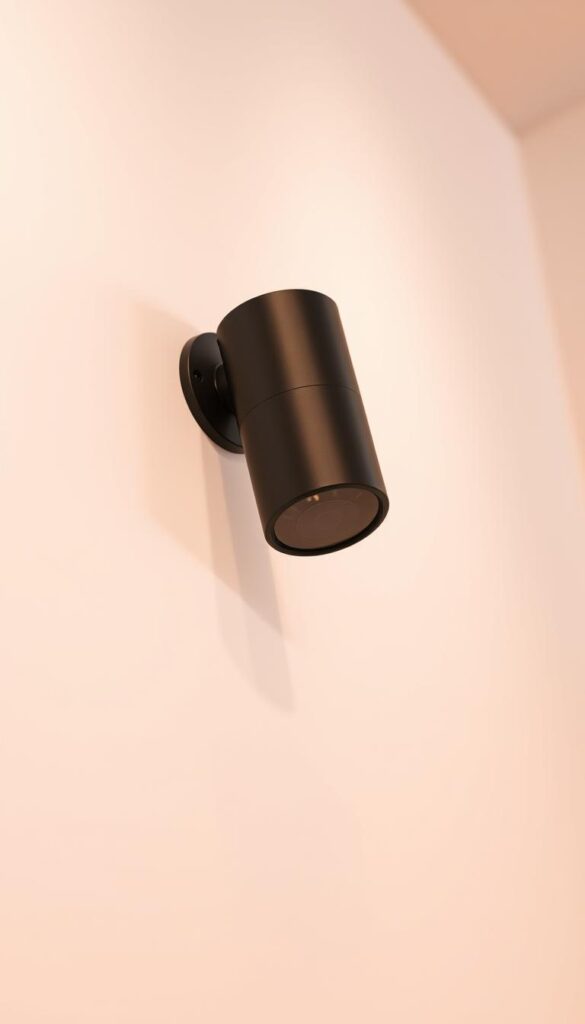 A modern, sleek Wi-Fi security camera being installed on a smooth white wall. The camera has a minimalist, cylindrical design with a discreet black housing. It is mounted at an angle, capturing a wide field of view. Warm, soft lighting from above illuminates the setup, creating gentle shadows that emphasize the camera's form. The background is a clean, uncluttered environment, allowing the installation process to be the focal point. The overall mood is one of simplicity, efficiency, and technological sophistication, reflecting the ease of setting up a smart home security system.