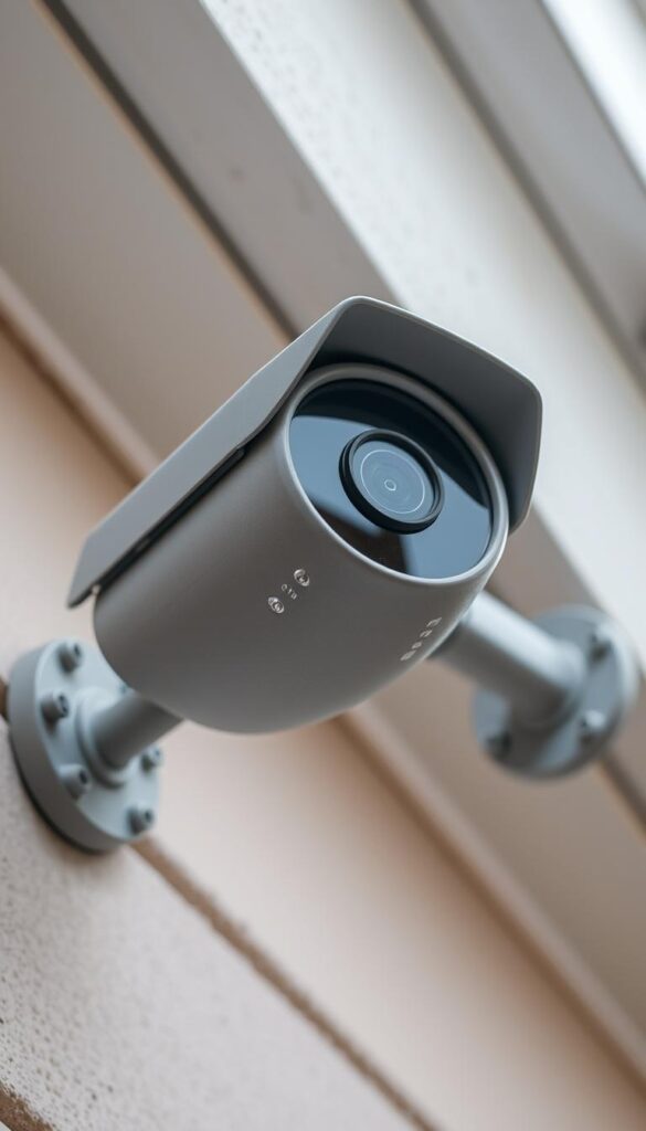 A rugged, weatherproof outdoor security camera mounted on a sturdy metal bracket, capturing a clear, high-resolution view of its surroundings. The camera housing is made of durable, impact-resistant materials, with a smooth, textured finish that can withstand harsh weather conditions. The lens is protected by a tempered glass cover, shielding it from rain, snow, and debris. Subtle LED indicators on the camera body provide visual feedback on its operational status. The camera is positioned at a slight angle, optimizing its field of view and coverage area. Soft, diffused lighting from above illuminates the scene, creating a sense of security and vigilance.