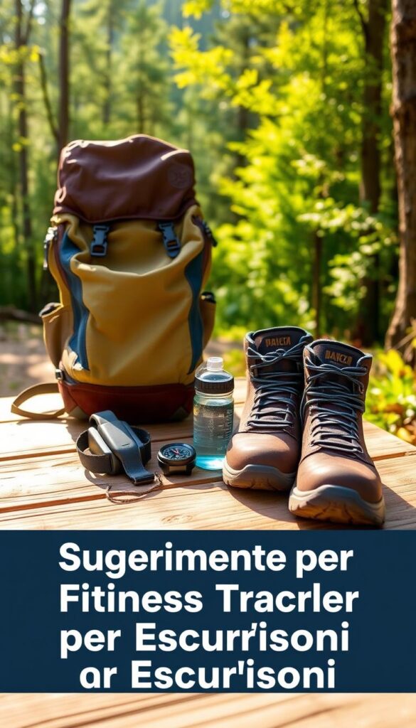 A serene outdoor scene with a backpack, hiking boots, water bottle, and compass laid out on a wooden surface, bathed in warm, natural lighting. In the background, a lush, verdant forest landscape with sunlight filtering through the canopy. The arrangement conveys a sense of preparedness and adventure, highlighting the key items needed for a successful trekking expedition. The image exudes a calming, exploration-ready atmosphere, perfectly reflecting the "Suggerimenti per Scegliere il Fitness Tracker per Escursioni" section of the "Fitness Tracker per Escursioni" article. A serene outdoor scene with a backpack, hiking boots, water bottle, and compass laid out on a wooden surface, bathed in warm, natural lighting. In the background, a lush, verdant forest landscape with sunlight filtering through the canopy. The arrangement conveys a sense of preparedness and adventure, highlighting the key items needed for a successful trekking expedition. The image exudes a calming, exploration-ready atmosphere, perfectly reflecting the "Suggerimenti per Scegliere il Fitness Tracker per Escursioni" section of the "Fitness Tracker per Escursioni" article.