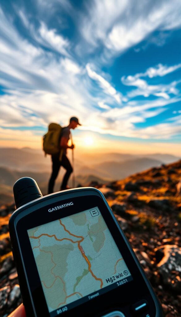 Navigating the great outdoors with a handheld GPS device, a hiker explores rugged terrain under a dramatic sky. In the foreground, the GPS screen shows a detailed topographic map, highlighting the trekker's position and the surrounding trails. The middle ground captures the hiker's silhouette against a breathtaking vista of rolling hills and distant mountains, bathed in warm, golden light. In the background, wispy clouds drift across a vibrant, azure sky, conveying a sense of adventure and exploration. This image perfectly captures the essential role of GPS technology in enhancing the trekking experience, making it the ideal companion for fitness enthusiasts on the trail. Navigating the great outdoors with a handheld GPS device, a hiker explores rugged terrain under a dramatic sky. In the foreground, the GPS screen shows a detailed topographic map, highlighting the trekker's position and the surrounding trails. The middle ground captures the hiker's silhouette against a breathtaking vista of rolling hills and distant mountains, bathed in warm, golden light. In the background, wispy clouds drift across a vibrant, azure sky, conveying a sense of adventure and exploration. This image perfectly captures the essential role of GPS technology in enhancing the trekking experience, making it the ideal companion for fitness enthusiasts on the trail.