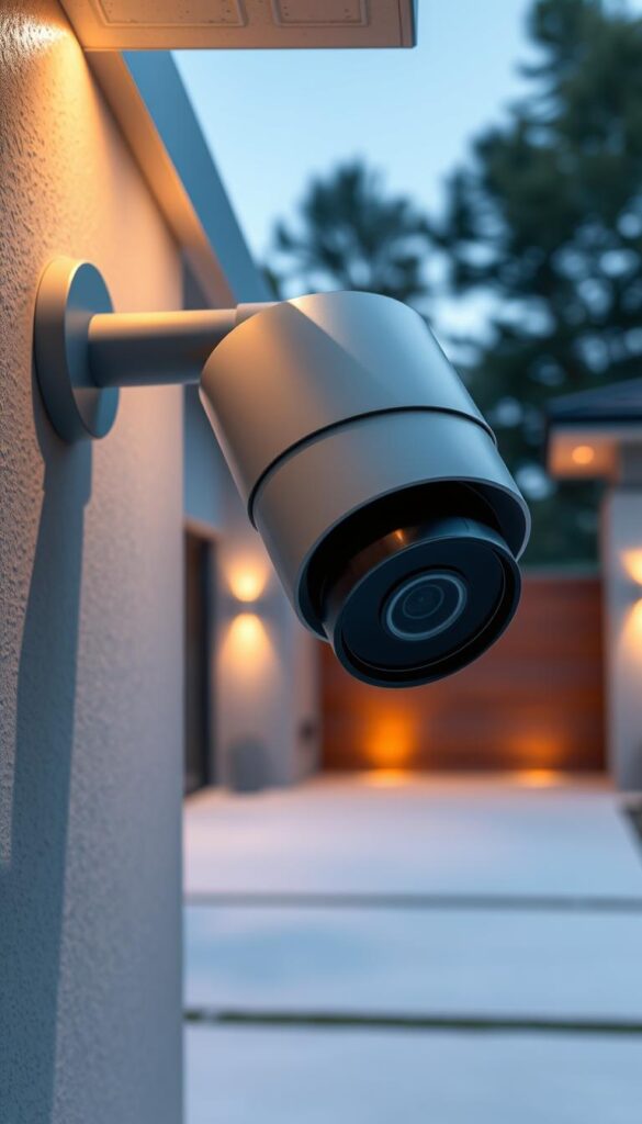 Outdoor security camera installation: a sleek, weatherproof camera mounted on a modern home's exterior wall, angled to capture a wide view of the driveway and front yard. Soft, warm lighting illuminates the scene, creating a sense of safety and security. The camera's lens is sharp and precise, with adjustable tilt and zoom capabilities for optimal coverage. The installation is seamless, blending harmoniously with the home's architecture. A subtle, unobtrusive design that provides reliable surveillance without detracting from the property's aesthetic appeal.