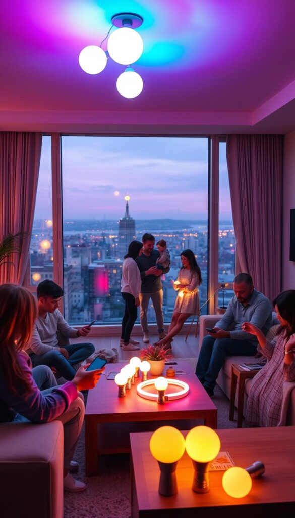 A cozy living room scene with a group of people interacting with smart lightbulbs. In the foreground, a family is gathered around a coffee table, adjusting the color and brightness of the ceiling lights with their smartphones. The lights cast a warm, inviting glow throughout the space. In the middle ground, a couple is experimenting with a smart light strip, exploring different lighting patterns and effects. The background features floor-to-ceiling windows overlooking a scenic urban landscape, bathed in the soft, dynamic illumination of the smart bulbs. The overall atmosphere conveys a sense of comfort, customization, and effortless technological integration in the daily life of the users. A cozy living room scene with a group of people interacting with smart lightbulbs. In the foreground, a family is gathered around a coffee table, adjusting the color and brightness of the ceiling lights with their smartphones. The lights cast a warm, inviting glow throughout the space. In the middle ground, a couple is experimenting with a smart light strip, exploring different lighting patterns and effects. The background features floor-to-ceiling windows overlooking a scenic urban landscape, bathed in the soft, dynamic illumination of the smart bulbs. The overall atmosphere conveys a sense of comfort, customization, and effortless technological integration in the daily life of the users.