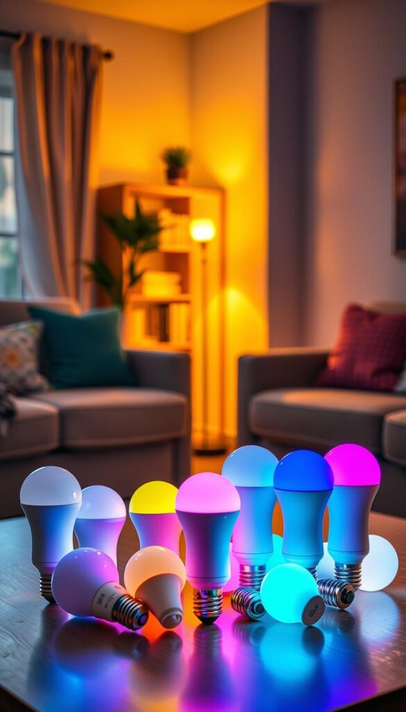 A cozy, well-lit home interior with a central focus on a coffee table showcasing various smart light bulbs in a range of colors. The bulbs are displayed in an organized, visually appealing arrangement, highlighting their sleek, modern design and energy-efficient features. The room is bathed in a warm, inviting glow from the smart lighting, creating a serene and ambient atmosphere. In the background, a partially visible bookshelf and potted plants add depth and a sense of natural harmony to the scene. The overall composition emphasizes the integration of smart lighting solutions into a comfortable, contemporary living space. A cozy, well-lit home interior with a central focus on a coffee table showcasing various smart light bulbs in a range of colors. The bulbs are displayed in an organized, visually appealing arrangement, highlighting their sleek, modern design and energy-efficient features. The room is bathed in a warm, inviting glow from the smart lighting, creating a serene and ambient atmosphere. In the background, a partially visible bookshelf and potted plants add depth and a sense of natural harmony to the scene. The overall composition emphasizes the integration of smart lighting solutions into a comfortable, contemporary living space.