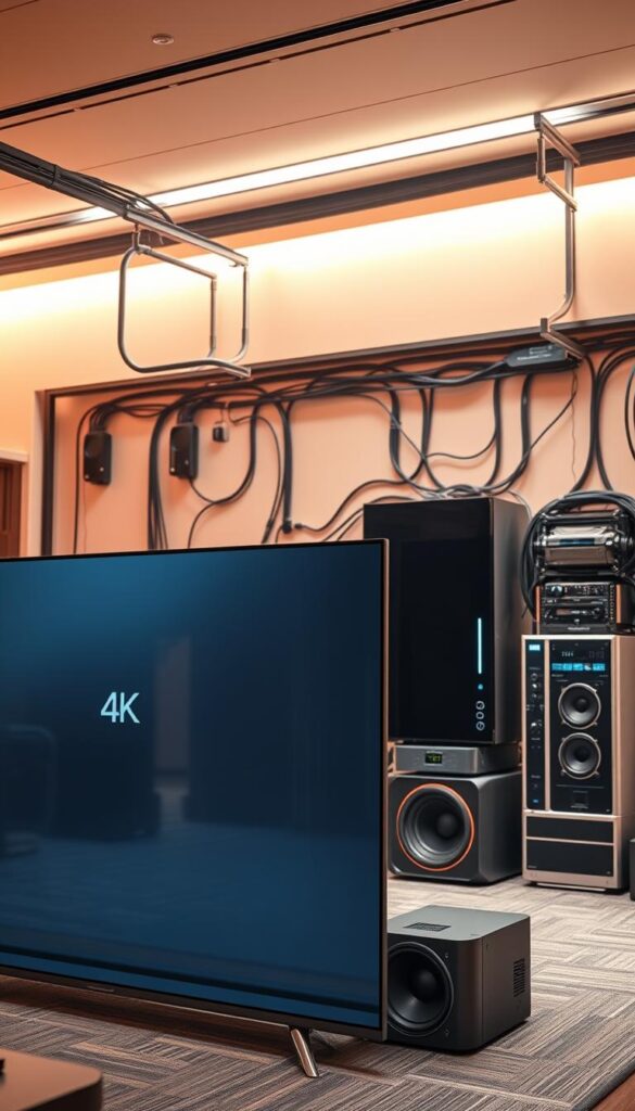 A futuristic and highly advanced television technology setup, featuring cutting-edge 4K and 8K displays. The foreground showcases a sleek, minimalist 8K TV with a seamless screen and a thin, bezel-less design. The middle ground depicts a range of high-end audio equipment, including a surround sound system with powerful subwoofers, creating an immersive cinematic experience. In the background, a complex network of cables, servers, and advanced processing units symbolize the sophisticated upscaling algorithms and hardware powering the system. Warm, diffused lighting illuminates the scene, highlighting the advanced engineering and premium materials used in the construction of these state-of-the-art smart TV components. The overall atmosphere conveys a sense of technological sophistication and the future of home entertainment.