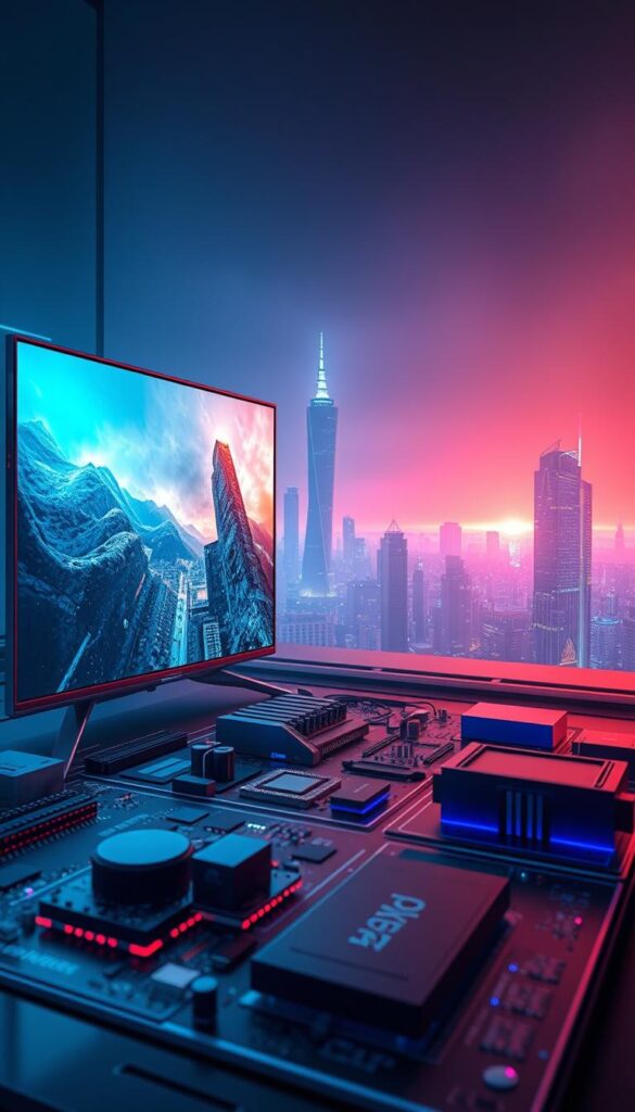 A futuristic, high-tech scene showcasing the captivating technology of 4K and 8K displays. In the foreground, a sleek, ultra-high-definition television screen shimmers with vibrant, lifelike imagery, its crisp resolution and vivid colors mesmerizing the viewer. The middle ground features an array of cutting-edge display components, including circuit boards, processors, and advanced imaging sensors, all bathed in a cool, blue-tinted lighting that accentuates the technological prowess. In the background, a hazy, futuristic cityscape rises, its towering skyscrapers and glowing skyline hinting at the immersive, immersive viewing experiences that 4K and 8K technologies can deliver. The scene exudes a sense of awe, wonder, and the relentless march of technological progress.