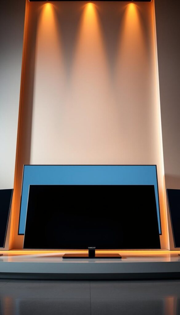 A high-quality still life image showcasing three flagship Samsung 8K televisions side-by-side, presented in a sleek, contemporary setting. The TVs should be shown from a low-angle perspective, highlighting their impressive size and screen quality. The scene should be bathed in warm, directional lighting that accentuates the televisions' glossy screens and metallic trim. The background should be minimalist, with clean lines and muted colors that allow the televisions to take center stage. The composition should be balanced and visually striking, conveying the premium nature of these cutting-edge 8K display technologies.