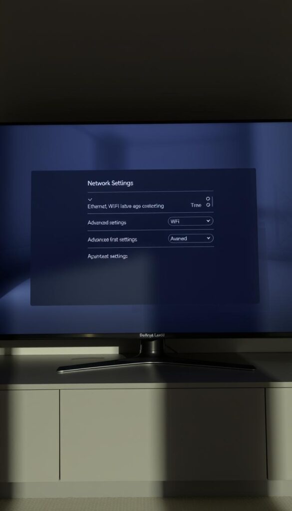 A high-resolution, detailed illustration of the network settings interface on a smart TV display. The foreground shows a sleek, modern TV screen displaying the various network configuration options, such as Wi-Fi, Ethernet, and advanced settings. The middle ground features a minimalist, dark-themed user interface with clean typography and intuitive icons. The background showcases a muted, subtle gradient or pattern, creating a sense of depth and sophistication. The lighting is soft and diffused, highlighting the clarity of the display and the refined aesthetics of the smart TV interface. The overall mood is one of technical proficiency, user-friendliness, and a premium, high-end visual experience. A high-resolution, detailed illustration of the network settings interface on a smart TV display. The foreground shows a sleek, modern TV screen displaying the various network configuration options, such as Wi-Fi, Ethernet, and advanced settings. The middle ground features a minimalist, dark-themed user interface with clean typography and intuitive icons. The background showcases a muted, subtle gradient or pattern, creating a sense of depth and sophistication. The lighting is soft and diffused, highlighting the clarity of the display and the refined aesthetics of the smart TV interface. The overall mood is one of technical proficiency, user-friendliness, and a premium, high-end visual experience.
