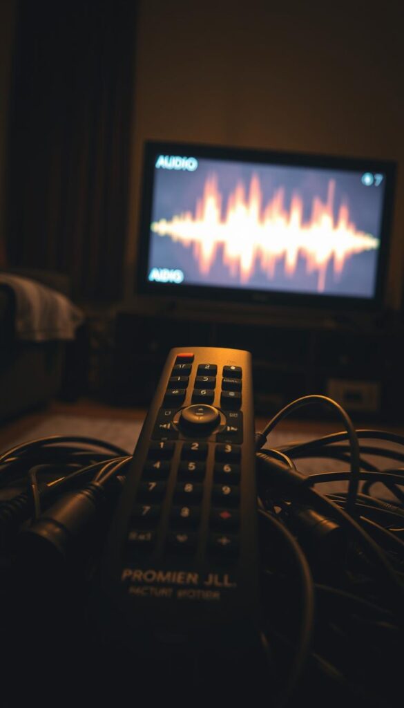 A malfunctioning TV remote control surrounded by various cables and connectors, casting a soft, warm glow in a dimly lit living room. The TV screen shows static and distorted audio waves, indicating audio issues. The scene conveys a sense of frustration and the need to troubleshoot the problem. The lighting is natural, with a slight vignette effect to draw the eye to the central focus. The camera angle is slightly elevated, providing a comprehensive view of the setup. The overall composition emphasizes the technical aspects of the problem while maintaining a relatable, domestic atmosphere. A malfunctioning TV remote control surrounded by various cables and connectors, casting a soft, warm glow in a dimly lit living room. The TV screen shows static and distorted audio waves, indicating audio issues. The scene conveys a sense of frustration and the need to troubleshoot the problem. The lighting is natural, with a slight vignette effect to draw the eye to the central focus. The camera angle is slightly elevated, providing a comprehensive view of the setup. The overall composition emphasizes the technical aspects of the problem while maintaining a relatable, domestic atmosphere.