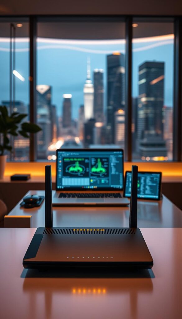 A modern office setting with a sleek and minimalist aesthetic. In the foreground, a state-of-the-art router sits prominently on a desk, its LED indicators glowing softly. The middle ground features a laptop and tablet displaying network diagrams and configuration screens, showcasing the router's advanced technological capabilities. In the background, a large window overlooks a bustling city skyline, bathed in warm, diffused lighting that creates a sense of productivity and innovation. The overall composition conveys the seamless integration of cutting-edge networking technology within a professional work environment.