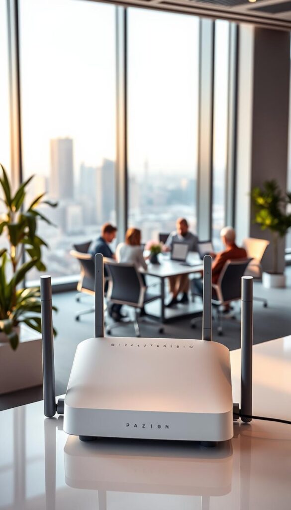 A modern office with a centralized network management system. In the foreground, a sleek and sophisticated router device stands prominently, its clean lines and intuitive interface hinting at its advanced capabilities. The middle ground features a group of employees collaborating around a conference table, their devices seamlessly connected to the network. In the background, a panoramic window offers a view of the city skyline, bathed in warm, natural lighting. The overall atmosphere conveys a sense of efficiency, connectivity, and technological integration within the business environment.
