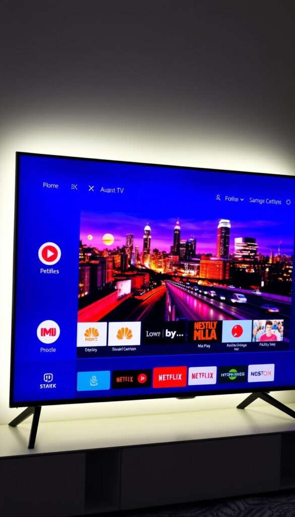 A modern smart TV screen displaying a vibrant streaming interface, with a clean, minimalist design. The screen is backlit with a soft, ambient glow, creating a cozy, inviting atmosphere. In the foreground, various streaming service icons and app logos are neatly arranged, suggesting the vast content and entertainment options available. The middle ground features a large, high-resolution display showcasing a captivating movie or TV show, the image crisp and clear. The background is subtle, with a blurred, out-of-focus cityscape or living room setting, hinting at the integration of the smart TV into the user's daily life. The entire scene conveys a sense of seamless technology, endless entertainment, and the comfort of a smart streaming experience. A modern smart TV screen displaying a vibrant streaming interface, with a clean, minimalist design. The screen is backlit with a soft, ambient glow, creating a cozy, inviting atmosphere. In the foreground, various streaming service icons and app logos are neatly arranged, suggesting the vast content and entertainment options available. The middle ground features a large, high-resolution display showcasing a captivating movie or TV show, the image crisp and clear. The background is subtle, with a blurred, out-of-focus cityscape or living room setting, hinting at the integration of the smart TV into the user's daily life. The entire scene conveys a sense of seamless technology, endless entertainment, and the comfort of a smart streaming experience.