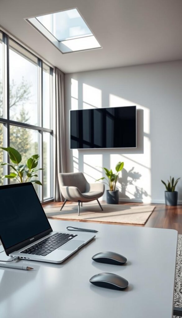A modern, versatile office space with a large touch screen display mounted on the wall, illuminated by natural light filtering through floor-to-ceiling windows. In the foreground, a sleek desk setup with a laptop, mouse, and stylus, suggesting a seamless transition from home to office tasks. The middle ground features a comfortable lounge chair, hinting at the ability to shift effortlessly between productivity and relaxation. The background showcases a minimalist, open-concept layout with a few potted plants, creating a harmonious, multifunctional environment. A modern, versatile office space with a large touch screen display mounted on the wall, illuminated by natural light filtering through floor-to-ceiling windows. In the foreground, a sleek desk setup with a laptop, mouse, and stylus, suggesting a seamless transition from home to office tasks. The middle ground features a comfortable lounge chair, hinting at the ability to shift effortlessly between productivity and relaxation. The background showcases a minimalist, open-concept layout with a few potted plants, creating a harmonious, multifunctional environment.