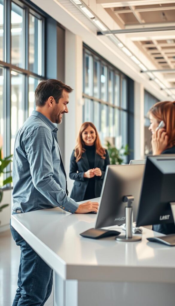 A modern, well-equipped customer service desk with a knowledgeable and friendly representative assisting a customer. The desk is situated in a bright, open-concept office space with natural light flooding in from large windows. The representative is dressed professionally and has a welcoming demeanor, ready to address the customer's post-purchase needs. The scene conveys a sense of efficiency, care, and a commitment to providing excellent after-sales support. A modern, well-equipped customer service desk with a knowledgeable and friendly representative assisting a customer. The desk is situated in a bright, open-concept office space with natural light flooding in from large windows. The representative is dressed professionally and has a welcoming demeanor, ready to address the customer's post-purchase needs. The scene conveys a sense of efficiency, care, and a commitment to providing excellent after-sales support.
