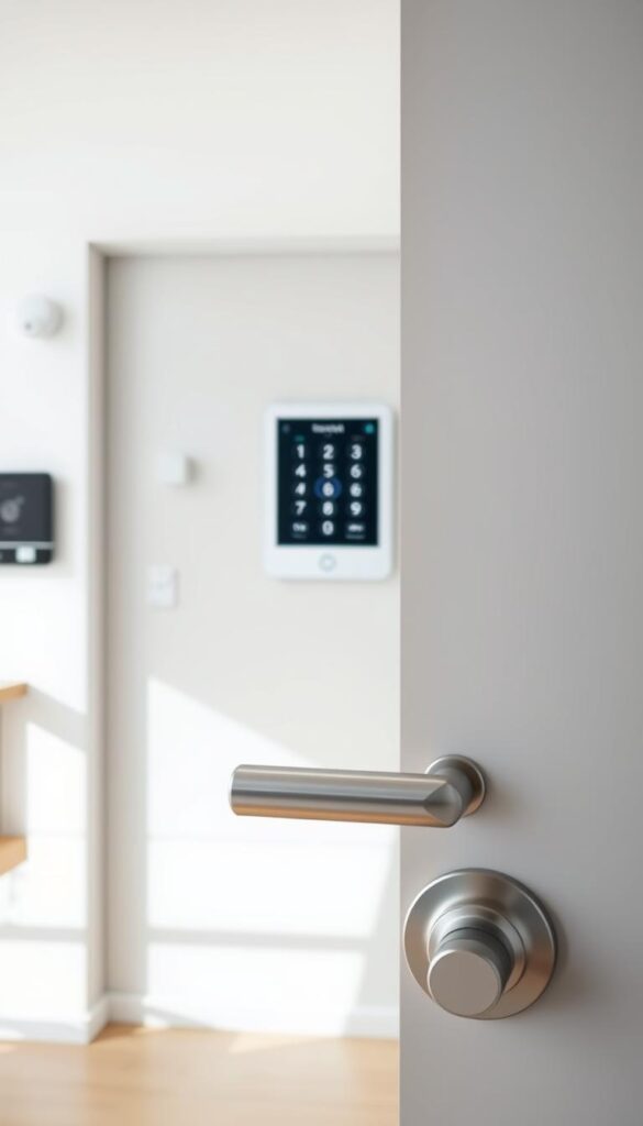 A modern, well-lit interior showcasing a sleek, minimalist smart home security system. In the foreground, a state-of-the-art smart lock with a keypad and biometric reader is prominently displayed. In the middle ground, a digital control panel blends seamlessly into the wall, offering a centralized interface to manage various security features. The background features subtly integrated motion sensors, cameras, and smart lighting, creating a cohesive and technologically advanced home security setup. The overall atmosphere conveys a sense of security, efficiency, and cutting-edge design.