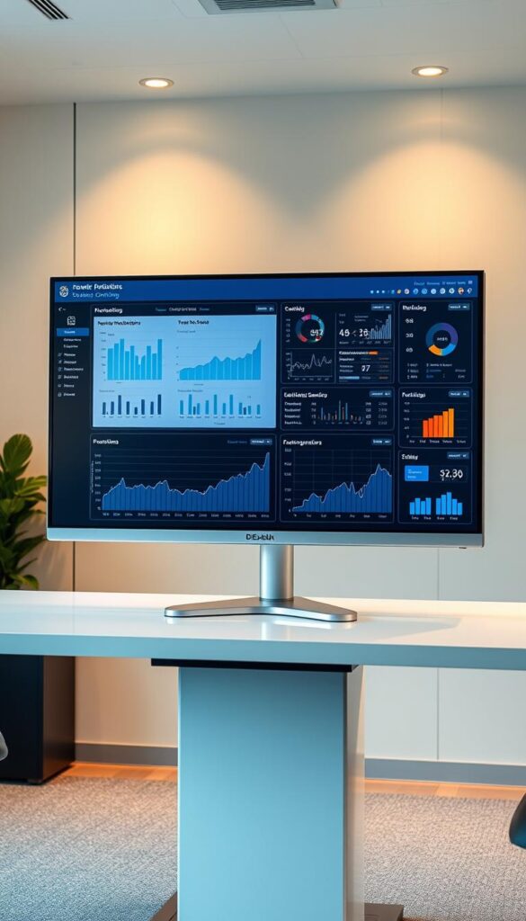 A real-time corporate network monitoring dashboard displayed on a large, high-resolution monitor in a modern office setting. The screen shows various graphs, charts, and data visualizations providing detailed insights into network performance, traffic, security, and utilization. The monitor is situated on a clean, minimalist desk with a sleek, aluminum frame. Warm, indirect lighting illuminates the scene, creating a professional and focused atmosphere. The background features clean, neutral-colored walls, giving the image a sense of digital, technological sophistication aligned with the article's subject matter.