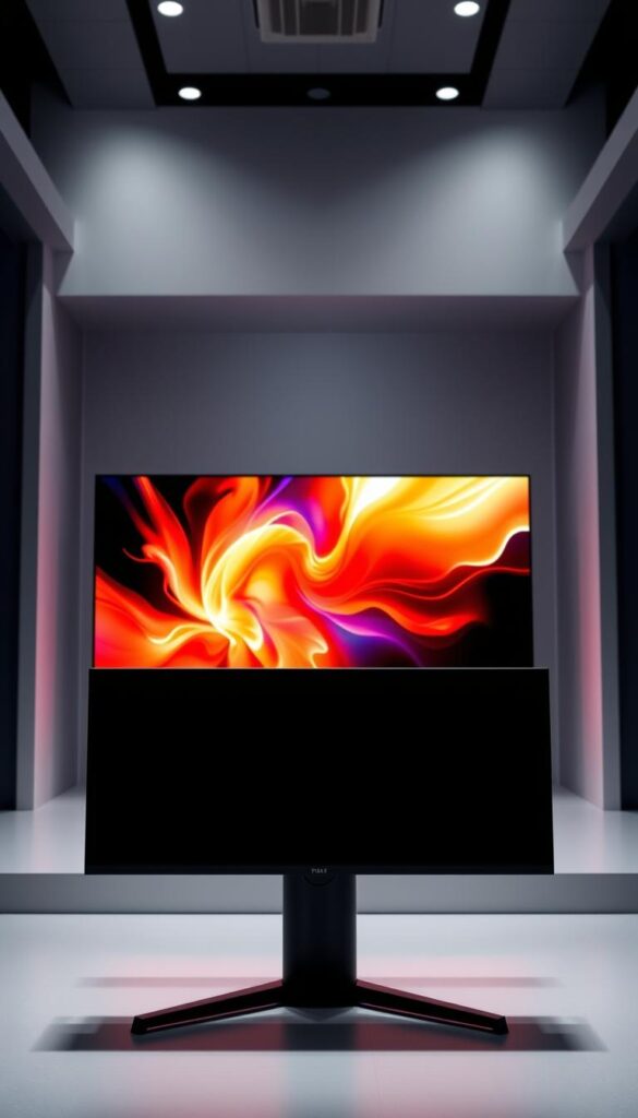 A side-by-side comparison of an OLED and QLED display, showcasing their distinct visual characteristics. In the foreground, the OLED screen exhibits deep, inky blacks and vibrant, saturated colors, while the QLED display in the middle ground produces a brighter, more vivid image with enhanced contrast. The background features a sleek, minimalist setting, allowing the displays to take center stage. Crisp, detailed lighting and a carefully composed camera angle highlight the nuanced differences in image quality, revealing the technical prowess of these cutting-edge display technologies. A side-by-side comparison of an OLED and QLED display, showcasing their distinct visual characteristics. In the foreground, the OLED screen exhibits deep, inky blacks and vibrant, saturated colors, while the QLED display in the middle ground produces a brighter, more vivid image with enhanced contrast. The background features a sleek, minimalist setting, allowing the displays to take center stage. Crisp, detailed lighting and a carefully composed camera angle highlight the nuanced differences in image quality, revealing the technical prowess of these cutting-edge display technologies.