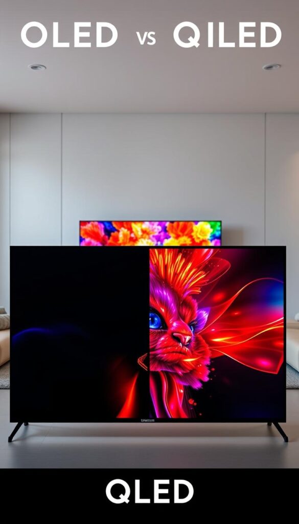 A side-by-side comparison of an OLED and a QLED television display, showcasing their distinctive visual characteristics. In the foreground, the OLED panel exhibits deep, inky blacks and vibrant, saturated colors, while the QLED panel in the middle ground offers a brighter, more vivid and vibrant image with enhanced color accuracy. The background depicts a minimalist, modern living room setting, allowing the displays to take center stage. The lighting is soft and diffused, highlighting the nuances of the panel technologies. The composition emphasizes the visual contrast and the technical differences between these two leading display technologies. A side-by-side comparison of an OLED and a QLED television display, showcasing their distinctive visual characteristics. In the foreground, the OLED panel exhibits deep, inky blacks and vibrant, saturated colors, while the QLED panel in the middle ground offers a brighter, more vivid and vibrant image with enhanced color accuracy. The background depicts a minimalist, modern living room setting, allowing the displays to take center stage. The lighting is soft and diffused, highlighting the nuances of the panel technologies. The composition emphasizes the visual contrast and the technical differences between these two leading display technologies.