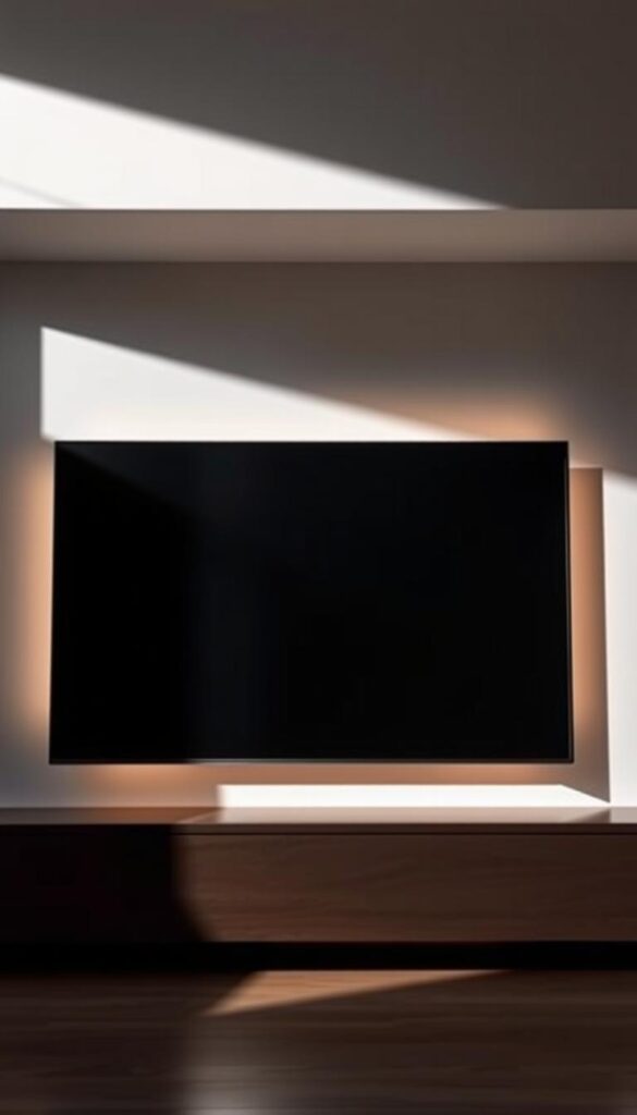 A sleek, cutting-edge 4K television display with a minimalist, innovative design. The screen features a razor-thin bezel, seamlessly blending into a sturdy, angular frame composed of premium materials like brushed aluminum. Subtle backlighting illuminates the display, creating a sense of depth and sophistication. The overall aesthetic is modern, bold, and eye-catching, complementing the advanced 4K resolution and high-end technologies within. Soft, directional lighting from above casts dynamic shadows, highlighting the display's sharp lines and distinctive silhouette. The composition emphasizes the display's central placement, with the surrounding environment subtly blurred to maintain focus on the innovative screen design.