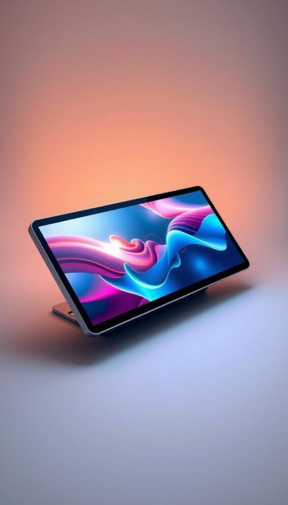 A sleek, innovative touch screen display with a modern, minimalist design. The screen is framed by a slim, metallic bezel, casting a soft, warm light across the surface. The display shows vibrant, high-contrast visuals, reflecting the cutting-edge technology within. The screen is slightly angled, creating a comfortable, ergonomic viewing experience. The background is a clean, neutral tone, allowing the screen to take center stage. The overall composition conveys a sense of futuristic elegance and refined user experience. A sleek, innovative touch screen display with a modern, minimalist design. The screen is framed by a slim, metallic bezel, casting a soft, warm light across the surface. The display shows vibrant, high-contrast visuals, reflecting the cutting-edge technology within. The screen is slightly angled, creating a comfortable, ergonomic viewing experience. The background is a clean, neutral tone, allowing the screen to take center stage. The overall composition conveys a sense of futuristic elegance and refined user experience.