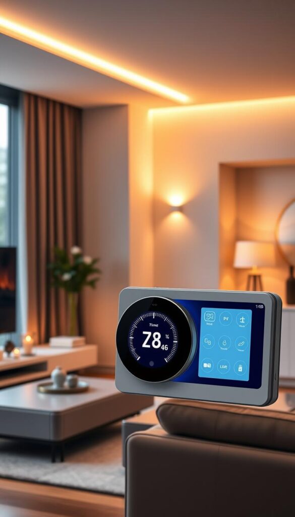 A sleek, modern home interior with a centralized smart home control panel prominently displayed. The panel features a touchscreen display and various icons and controls, indicating seamless integration of a programmable thermostat with other connected devices and home automation systems. Warm, ambient lighting casts a cozy glow, and the room is furnished with minimalist, high-tech furnishings. The overall scene conveys a sense of convenience, efficiency, and technological integration, perfectly capturing the essence of "Integrazione termostato domotica" for the article's section on smart home device integration.