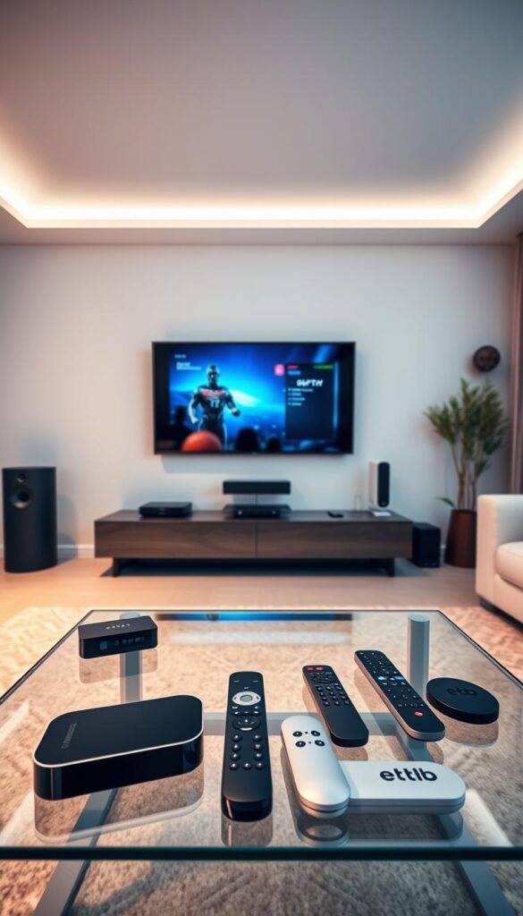 A sleek, modern living room with a large flatscreen TV mounted on the wall. In the foreground, an assortment of streaming devices and remote controls are neatly arranged on a glass coffee table, showcasing the integrated streaming platforms available. The room is illuminated by soft, indirect lighting, creating a warm and cozy atmosphere. The walls are adorned with minimalist decor, reflecting a stylish and tech-savvy ambiance. The overall scene conveys the seamless integration of various streaming services, catering to the needs of a contemporary home entertainment setup. A sleek, modern living room with a large flatscreen TV mounted on the wall. In the foreground, an assortment of streaming devices and remote controls are neatly arranged on a glass coffee table, showcasing the integrated streaming platforms available. The room is illuminated by soft, indirect lighting, creating a warm and cozy atmosphere. The walls are adorned with minimalist decor, reflecting a stylish and tech-savvy ambiance. The overall scene conveys the seamless integration of various streaming services, catering to the needs of a contemporary home entertainment setup.