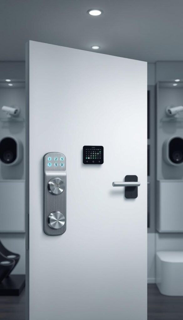 A sleek, modern smart lock system set against a backdrop of a secure, high-tech home interior. In the foreground, a gleaming, brushed metal smart lock with advanced biometric scanning and connectivity features. The lock is mounted on a pristine white door, subtly illuminated by soft, ambient lighting. In the middle ground, a minimalist control panel displays security status and management options. The background reveals a sophisticated home automation system, with discreet sensors and integrated security cameras blending seamlessly into the modern, monochromatic decor. The overall atmosphere conveys a sense of advanced, effortless protection and digital fortification for the connected home.