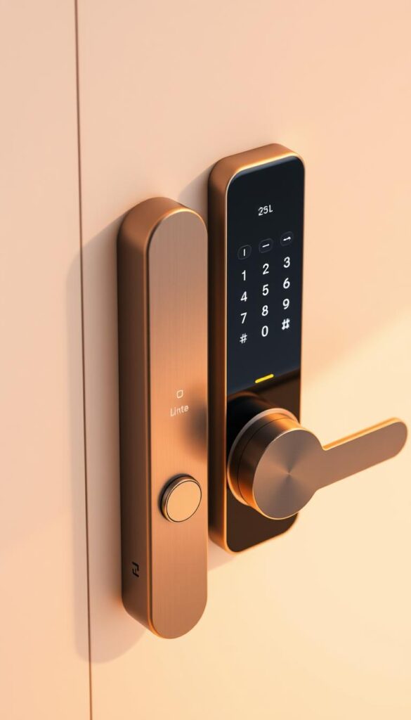 A sleek, modern smart lock with an intuitive touch interface, its innovative features displayed in a well-lit, high-angle perspective. The lock's sturdy metal casing and minimalist design elements are showcased, while the keypad and status indicators are prominently visible. Warm, diffused lighting illuminates the lock, creating a sense of sophistication and practicality. The background is a clean, neutral environment, allowing the smart lock's innovative functions to take center stage.