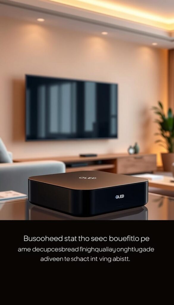 A sleek, modern smart streaming device with a seamless, minimalist design. The device sits elegantly on a glass or wooden entertainment stand, with a soft glow emitting from its discreet LED indicators. The background features a living room setting, with a large OLED TV mounted on the wall, surrounded by comfortable, contemporary furniture. Warm, diffused lighting creates a cozy, inviting atmosphere, while the device's compact, user-friendly form suggests effortless integration into the home environment. Emphasis is placed on the device's advanced connectivity and streaming capabilities, hinting at its role in delivering a immersive, high-quality viewing experience. A sleek, modern smart streaming device with a seamless, minimalist design. The device sits elegantly on a glass or wooden entertainment stand, with a soft glow emitting from its discreet LED indicators. The background features a living room setting, with a large OLED TV mounted on the wall, surrounded by comfortable, contemporary furniture. Warm, diffused lighting creates a cozy, inviting atmosphere, while the device's compact, user-friendly form suggests effortless integration into the home environment. Emphasis is placed on the device's advanced connectivity and streaming capabilities, hinting at its role in delivering a immersive, high-quality viewing experience.