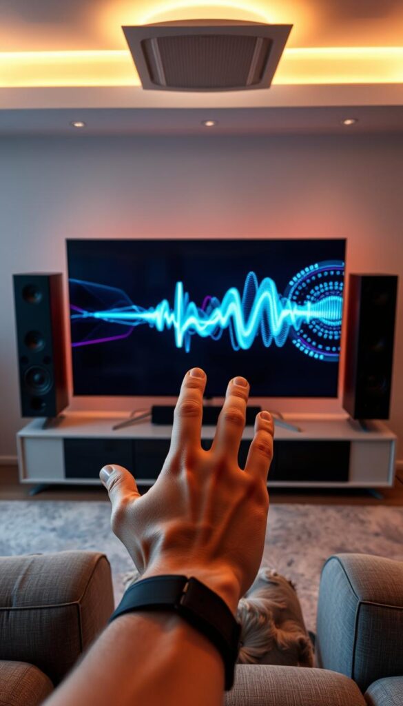 A sleek, modern television set with a crisp 4K or 8K display dominates the center of the frame. Elegant audio speakers flank the sides, emanating a warm, immersive soundscape. In the foreground, a hand gestures towards the television, showcasing the intuitive voice control functionality. The scene is bathed in a soft, ambient lighting, creating a serene and technologically advanced atmosphere. The television's display showcases a mesmerizing 3D audio visualization, highlighting the cutting-edge audio capabilities of this smart TV.
