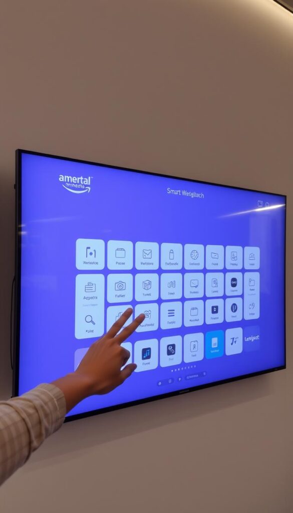 A sleek, modern touch screen interface with a clean, minimalist design. The screen is large and responsive, with vibrant colors and sharp details. The interface features a grid of intuitive icons and buttons, allowing seamless navigation through various smart TV functions. Subtle lighting accentuates the smooth, glossy surface, creating a premium, high-tech aesthetic. The layout is well-organized, with clear and legible text. The overall impression is one of sophistication and ease of use, perfectly suited for the "TV Smart con Schermo Touch" section on "Interfacce e connettività". A sleek, modern touch screen interface with a clean, minimalist design. The screen is large and responsive, with vibrant colors and sharp details. The interface features a grid of intuitive icons and buttons, allowing seamless navigation through various smart TV functions. Subtle lighting accentuates the smooth, glossy surface, creating a premium, high-tech aesthetic. The layout is well-organized, with clear and legible text. The overall impression is one of sophistication and ease of use, perfectly suited for the "TV Smart con Schermo Touch" section on "Interfacce e connettività".