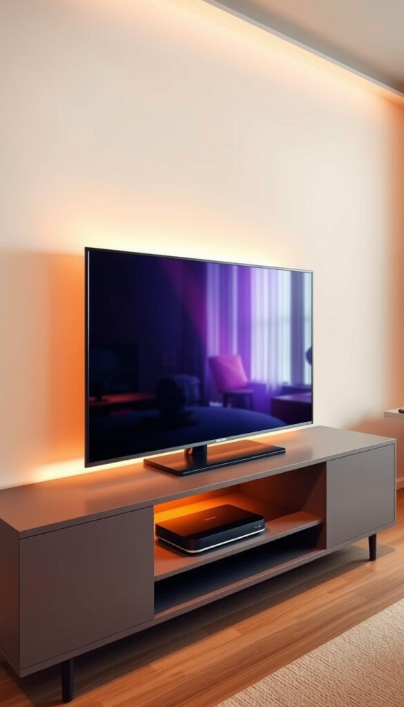 A streamlined TV console with a smart TV, streaming device, and a clean, minimalist setup. The TV's screen displays a vivid, high-quality image with deep blacks and vibrant colors. A sleek, modern streaming device sits neatly beneath the TV, ready to access a range of popular streaming services. The setup is illuminated by warm, diffused lighting, creating a cozy, inviting atmosphere. The room around the TV is clutter-free, with clean lines and a neutral color palette, allowing the technology to take center stage. The overall impression is one of simplicity, efficiency, and seamless integration of the latest home entertainment technology. A streamlined TV console with a smart TV, streaming device, and a clean, minimalist setup. The TV's screen displays a vivid, high-quality image with deep blacks and vibrant colors. A sleek, modern streaming device sits neatly beneath the TV, ready to access a range of popular streaming services. The setup is illuminated by warm, diffused lighting, creating a cozy, inviting atmosphere. The room around the TV is clutter-free, with clean lines and a neutral color palette, allowing the technology to take center stage. The overall impression is one of simplicity, efficiency, and seamless integration of the latest home entertainment technology.