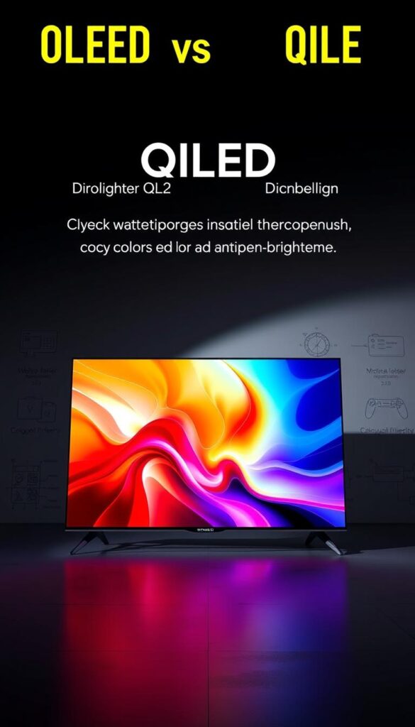 A visually striking composition highlighting the advantages and disadvantages of OLED and QLED television panels. The foreground features a sleek, boldly-colored OLED display with deep, inky blacks and vibrant, saturated colors. In the middle ground, a QLED panel showcases its superior brightness and color volume, creating a striking contrast. The background blends a minimalist studio setting with technical diagrams and schematics, providing contextual visual cues. Dramatic studio lighting casts dramatic shadows, emphasizing the distinctive properties of each display technology. The overall mood is one of technological sophistication and visual impact, suitable for an authoritative guide on the subject. A visually striking composition highlighting the advantages and disadvantages of OLED and QLED television panels. The foreground features a sleek, boldly-colored OLED display with deep, inky blacks and vibrant, saturated colors. In the middle ground, a QLED panel showcases its superior brightness and color volume, creating a striking contrast. The background blends a minimalist studio setting with technical diagrams and schematics, providing contextual visual cues. Dramatic studio lighting casts dramatic shadows, emphasizing the distinctive properties of each display technology. The overall mood is one of technological sophistication and visual impact, suitable for an authoritative guide on the subject.