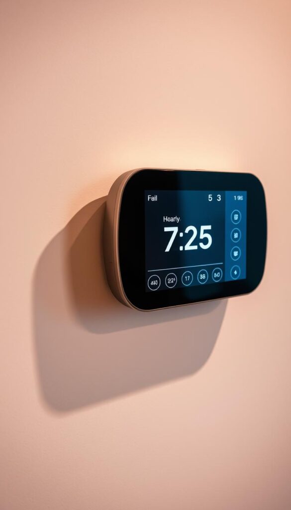 A well-designed digital thermostat interface displayed on a sleek, modern device. The screen shows a clear view of the hourly temperature settings, allowing the user to easily program the heating and cooling schedule. The interface features a clean, minimalist aesthetic with crisp typography and intuitive controls. The device is positioned on a neutral-toned wall, casting subtle shadows that give depth to the composition. Soft, diffused lighting illuminates the display, creating a sense of clarity and precision. The overall scene conveys a seamless user experience for programming a smart, energy-efficient home thermostat.