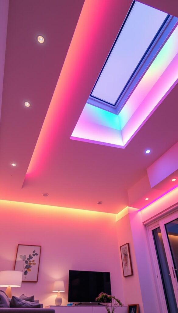A well-lit, connected smart home interior with vibrant, multicolored lighting. Soft, diffused illumination emanates from sleek, modern lamps and recessed fixtures, creating a warm, inviting atmosphere. Seamless integration of smart technology is evident, with subtle control panels and intuitive voice commands. The space features minimalist, Scandinavian-inspired furniture and decor, allowing the dynamic lighting to take center stage. Overhead, a skylight allows natural light to blend harmoniously with the connected lighting system. The scene conveys a sense of tranquility, efficiency, and the future of home living. A well-lit, connected smart home interior with vibrant, multicolored lighting. Soft, diffused illumination emanates from sleek, modern lamps and recessed fixtures, creating a warm, inviting atmosphere. Seamless integration of smart technology is evident, with subtle control panels and intuitive voice commands. The space features minimalist, Scandinavian-inspired furniture and decor, allowing the dynamic lighting to take center stage. Overhead, a skylight allows natural light to blend harmoniously with the connected lighting system. The scene conveys a sense of tranquility, efficiency, and the future of home living.
