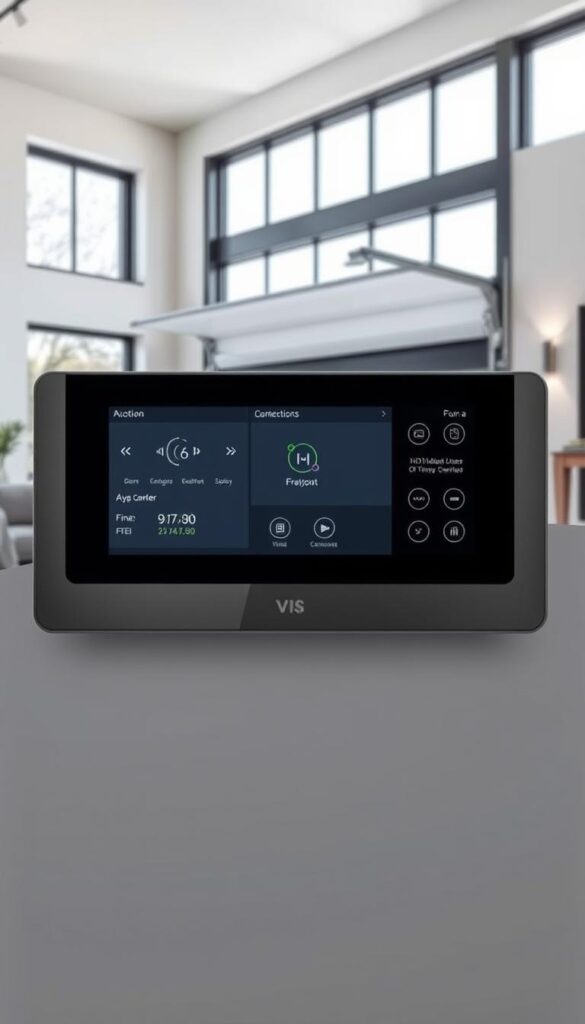 An elegant smart home control panel with a sleek, minimalist design, seamlessly integrated with an automated garage door system. The panel features a large touchscreen display, discrete ambient lighting, and intuitive voice controls. The garage door opens and closes effortlessly, synchronized with motion sensors and geolocation data from connected devices. In the background, a modern, airy living room with large windows, allowing natural light to flood the space. The overall atmosphere evokes a sense of technological sophistication and sophisticated home automation.