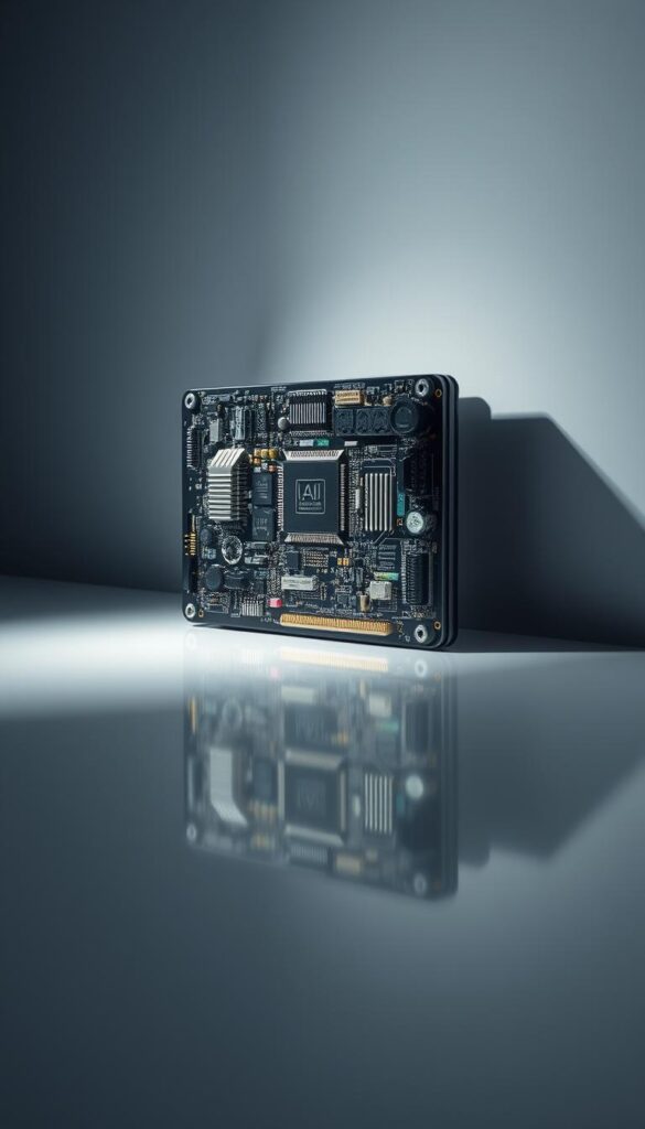 Technologically advanced AI-powered upscaling processor, its intricate circuits and components meticulously detailed, bathed in a soft, indirect lighting that accentuates the precision engineering. The processor is presented in a clean, minimalist setting, allowing the viewer to focus on its advanced capabilities. Subtle reflections on a glossy surface suggest a high-tech, futuristic aesthetic, while muted colors and shadows create depth and dimension. The overall impression conveys the power and sophistication of the latest advancements in television display technology.