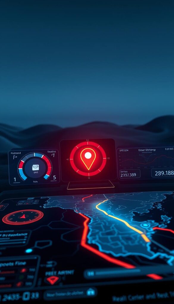 A captivating real-time localization visualization, showcasing a sleek, futuristic dashboard interface. In the foreground, a pulsing GPS tracker icon tracks a package's movement along a detailed map, rendered in vibrant, high-contrast colors. The middle ground features an array of precise data readouts, displaying speed, distance, and estimated time of arrival. The background is a minimalist, dark-toned landscape, with subtle hints of technical schematics and circuit diagrams, creating a sense of technological sophistication. Crisp, dramatic lighting from multiple angles highlights the precision and dynamism of the system, conveying a mood of cutting-edge innovation and efficiency.