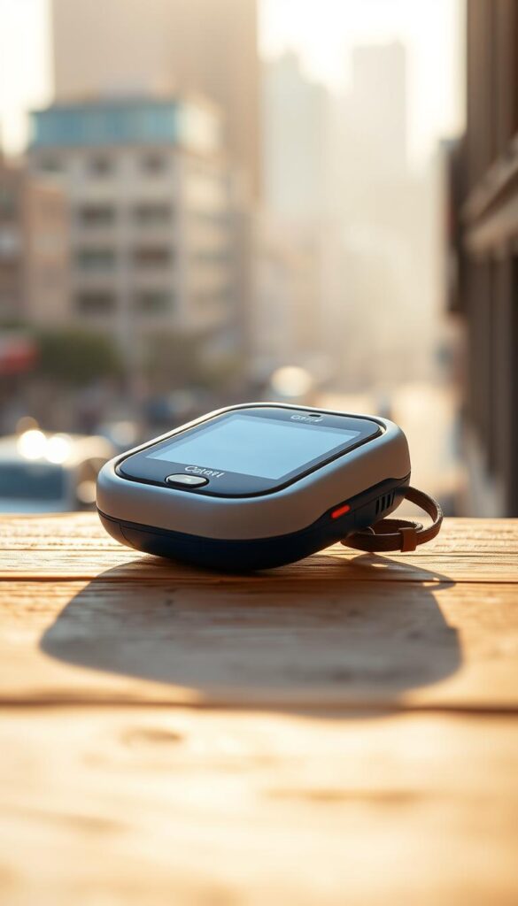 A child's GPS locator device resting on a wooden surface, bathed in warm, natural lighting. The locator is compact, with a sleek, colorful design meant to appeal to young users. The device's screen and buttons are clearly visible, giving the impression of an intuitive interface. In the background, a soft, blurred cityscape suggests the locator's intended use in an urban environment. The overall scene conveys a sense of security, technology, and suitability for a child's needs. A child's GPS locator device resting on a wooden surface, bathed in warm, natural lighting. The locator is compact, with a sleek, colorful design meant to appeal to young users. The device's screen and buttons are clearly visible, giving the impression of an intuitive interface. In the background, a soft, blurred cityscape suggests the locator's intended use in an urban environment. The overall scene conveys a sense of security, technology, and suitability for a child's needs.