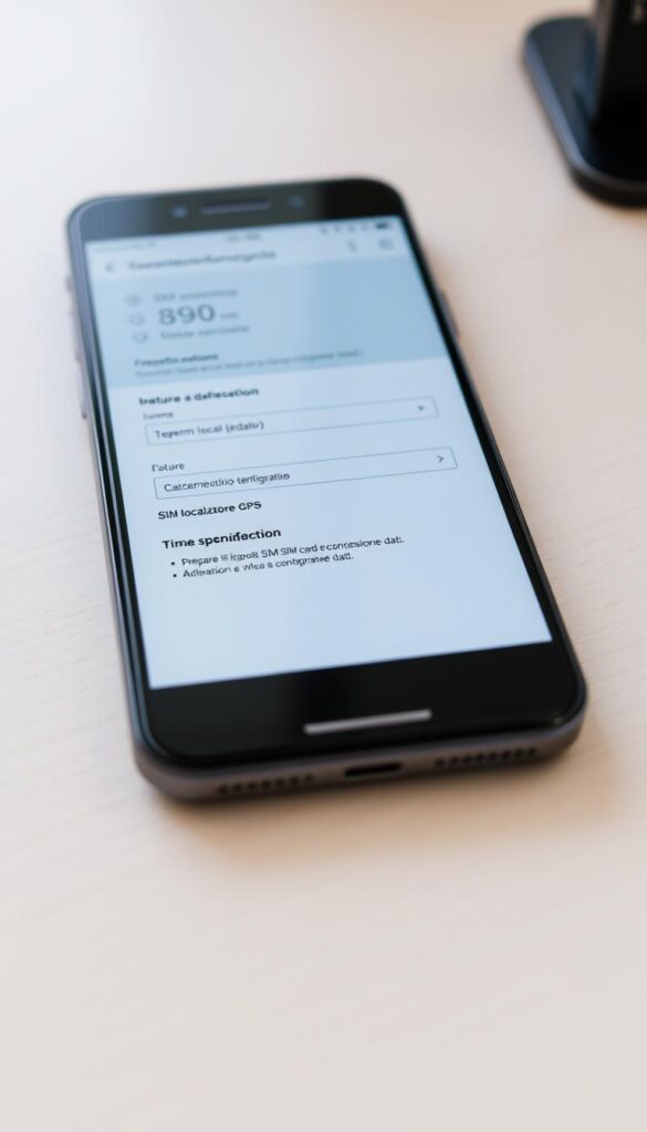 A close-up of a smartphone screen displaying the "Inserimento SIM localizzatore GPS" interface. The device is positioned on a clean, minimalist desk with a light wooden surface. The screen shows a form or settings menu, with input fields for SIM card details and GPS configuration options. The interface has a modern, intuitive design with clear icons and labels. The lighting is soft and natural, creating a calm, professional atmosphere. The camera angle is slightly angled to showcase the screen details while maintaining an uncluttered composition. The overall scene conveys a sense of simplicity and focus, reflecting the "Preparare il dispositivo: SIM card e connessione dati" section of the article.