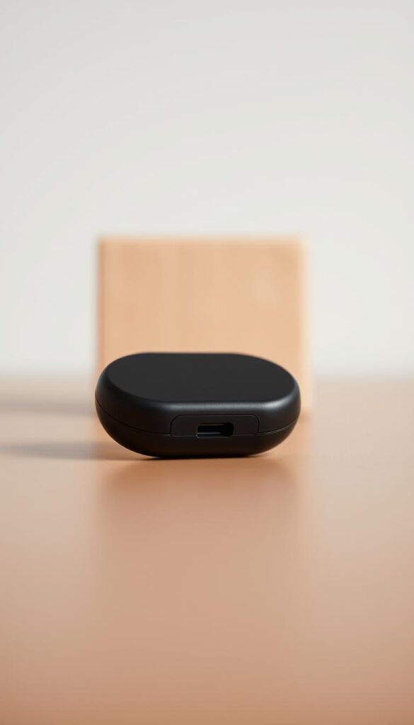 A close-up view of a compact, sleek GPS tracker device designed for children. The tracker is positioned prominently in the foreground, showcasing its modern, minimalist design with a smooth, matte finish. The tracker is surrounded by a soft, diffused lighting, accentuating its clean lines and attention to detail. In the middle ground, a simple, neutral-toned background creates a sense of focus on the device, while the background remains slightly blurred to draw the viewer's attention to the tracker. The overall mood is one of simplicity, functionality, and safety, reflecting the intended purpose of the device to provide peace of mind for parents and caregivers.