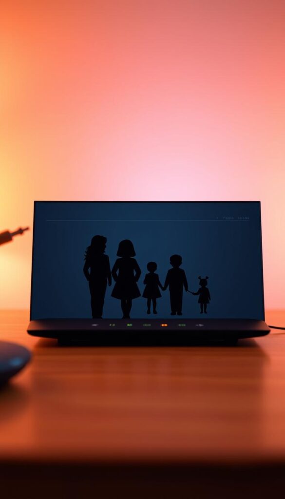 A family silhouette profile configuration displayed on a router interface. The foreground shows an elegant family icon design with distinct individual profiles. The middle ground depicts a sleek, modern router device with a minimalist aesthetic. The background features a subtle, gradient-based color scheme evoking a digital environment. Warm lighting illuminates the scene, creating a sense of comfort and approachability. The composition is balanced, with the family profiles taking center stage, surrounded by the technical elements of the router interface. This image effectively conveys the idea of parental control and family-oriented networking capabilities.