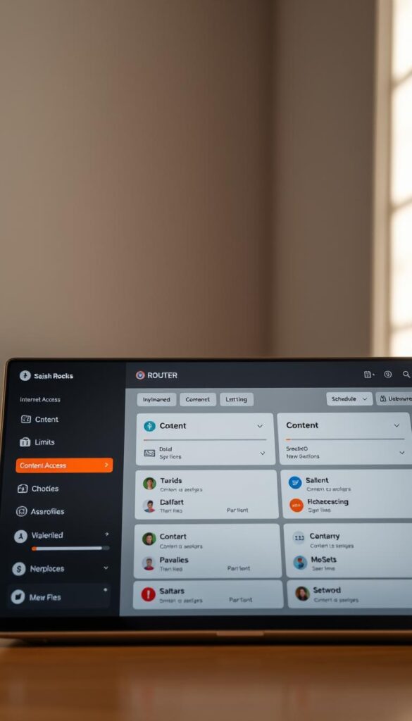 A modern and intuitive dashboard for advanced parental control management. The foreground showcases a sleek user interface with various toggles, sliders, and graphical elements for fine-tuning internet access, content filtering, and time limits. The middle ground features detailed content categories, user profiles, and scheduling options, all presented in a clean and organized layout. The background subtly depicts a router or network device, emphasizing the integrated nature of this advanced parental control system. The lighting is soft and natural, creating a sense of approachability and user-friendliness. The overall mood is one of empowerment and control, with a touch of minimalism and technological sophistication.