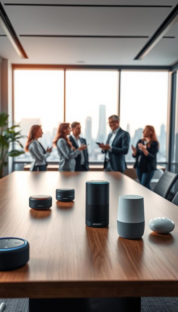 A modern office interior, with a large desk in the foreground featuring various vocal assistant devices, including Amazon Alexa and Google Assistant. In the middle ground, a group of business professionals engaged in a lively discussion, hands gesturing as they compare features and capabilities. The background is softly blurred, showcasing a view of a city skyline through floor-to-ceiling windows, bathed in warm, natural lighting. The overall atmosphere conveys a sense of collaboration, innovation, and the integration of voice-controlled technologies into the workplace.