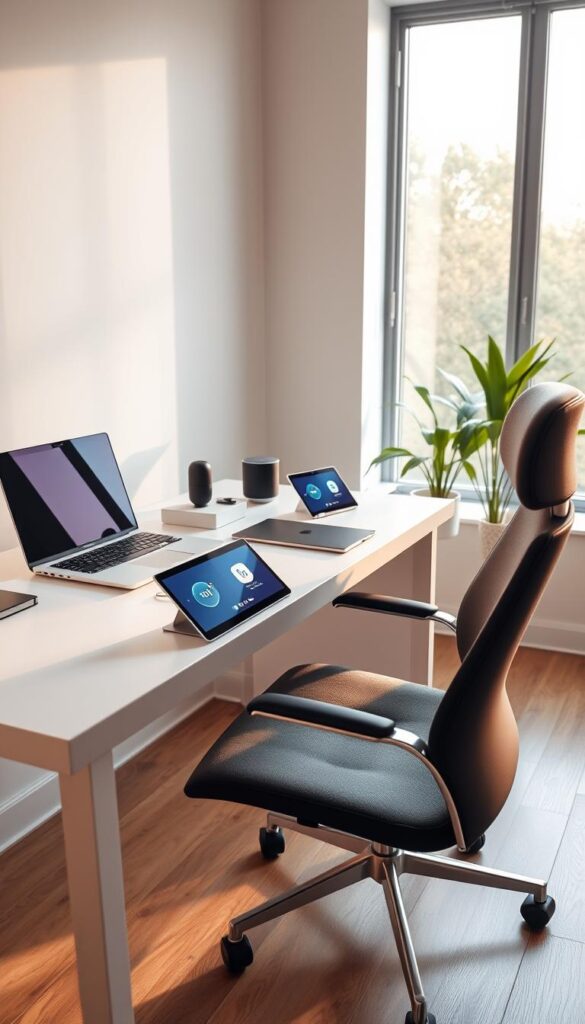 A modern, sleek home office setting with a minimalist desk and chair. On the desk, a laptop, a tablet, and several voice-controlled smart devices are prominently displayed, including a cylindrical smart speaker and a tablet-sized voice assistant display. The room is bathed in warm, natural lighting from a large window, casting a soft glow on the scene. The devices are arranged in a harmonious, visually appealing manner, suggesting their seamless integration and the user's comfort with voice-controlled technology. The overall mood is one of efficiency, connectivity, and the effortless integration of voice assistants into the modern work environment.