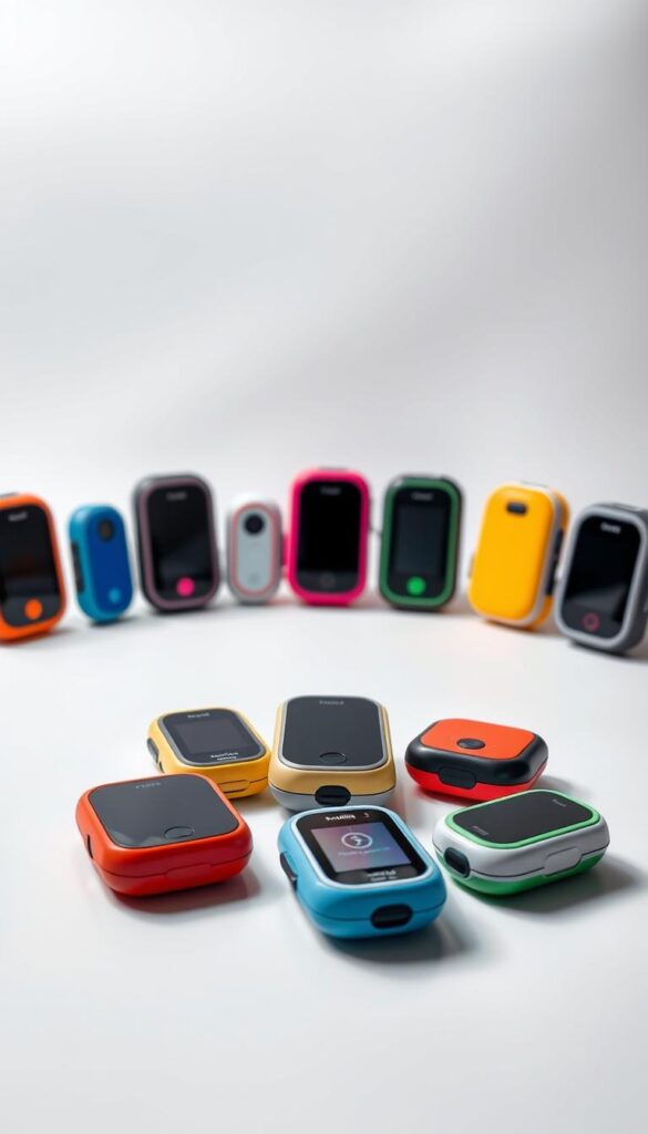 A well-lit group portrait of several children's GPS tracking devices, showcased on a sleek white background. The devices are arranged in the foreground, their compact, modern designs and vibrant color schemes standing out. In the middle ground, a subtle shadow pattern adds depth and texture. The background is softly blurred, keeping the focus on the products. The lighting is carefully balanced, creating a professional, high-quality appearance that highlights the technologies' features and capabilities. The overall mood is one of sophistication, innovation, and the safety and security of young users.