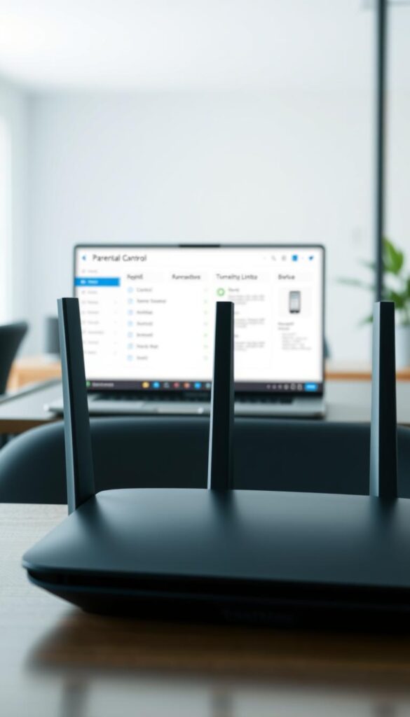 A well-lit, high-resolution image of a router's user interface, showcasing the parental control settings. The foreground features a sleek, modern router with clean lines and a minimalist design. The middle ground displays a laptop screen with the parental control panel, highlighting features like content filtering, time limits, and device management. The background includes a subtle gradient or blurred office environment, conveying a professional, tech-savvy atmosphere. The overall composition should strike a balance between the technical details of the parental control settings and a visually appealing, user-friendly aesthetic.