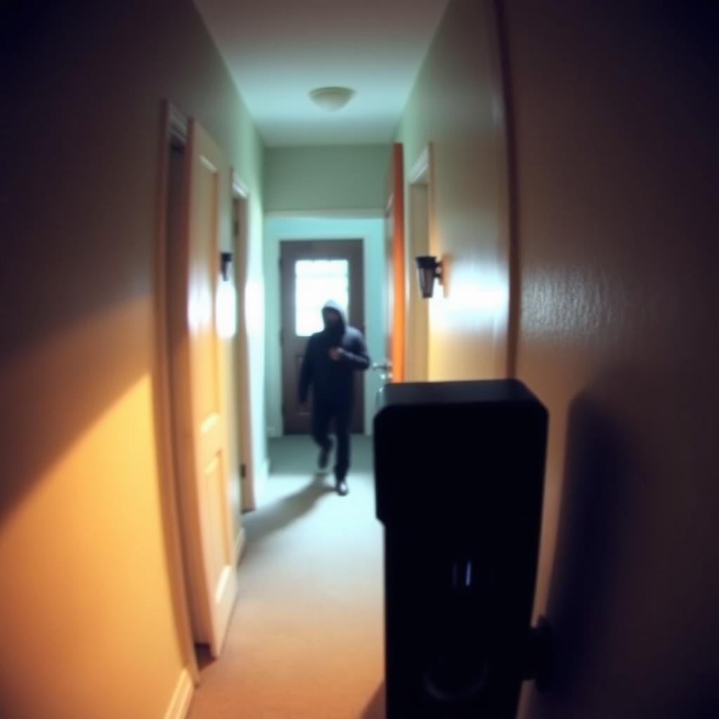 A dimly lit hallway, the camera's motion sensor capturing the subtle movements of a figure passing by. The scene is bathed in a soft, warm glow, casting shadows that dance across the walls. The video feed is sharp and clear, showcasing the advanced night vision capabilities of the smart doorbell. The foreground is focused on the doorway, where the intruder's presence is detected, while the background fades into a hazy, atmospheric blur, emphasizing the importance of the event unfolding. The image conveys a sense of security and vigilance, reflecting the real-world scenarios and experiences of homeowners utilizing this cutting-edge technology.