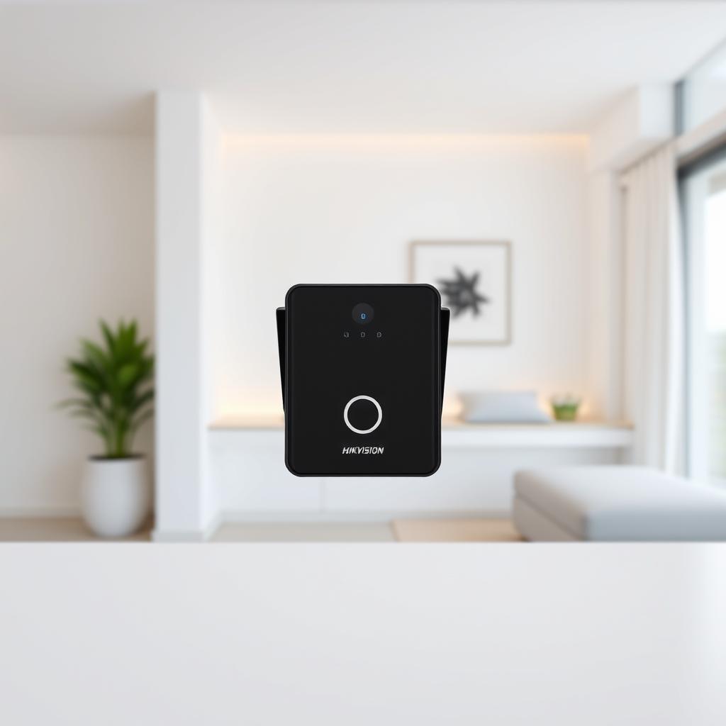 A high-quality, detailed image of a Hikvision DSKB8112-IM door station in a modern, minimalist setting. The door station is positioned in the center, with a clean white background and subtle, warm lighting highlighting its sleek, matte black design. The device is shown from a slightly elevated angle, capturing its clean lines and intuitive user interface. The overall atmosphere conveys a sense of simplicity, efficiency, and technological sophistication, suitable for a vacation home or holiday rental setting.