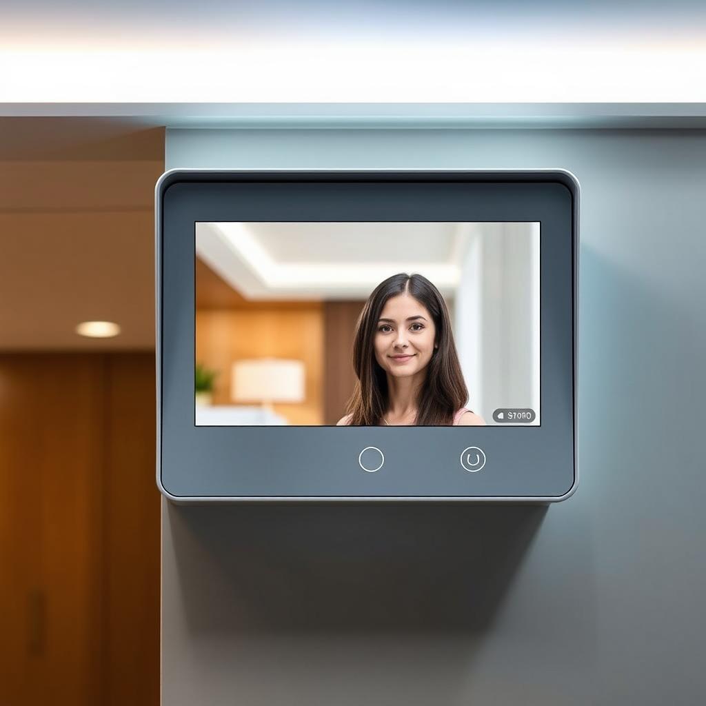 A high-quality video intercom display with a sleek, modern design and a crisp 1080p resolution. The screen is mounted on a wall, with a clean, minimalist aesthetic that blends seamlessly into the surrounding architecture. The video feed is clear and sharp, showcasing the intricate details of the person on the other end of the call. The intercom also features advanced night vision capabilities, allowing for clear visibility even in low-light conditions. The housing is made of durable, scratch-resistant materials, ensuring long-lasting performance. Soft, indirect lighting illuminates the display, creating a warm and inviting atmosphere. The entire setup exudes a sense of high-end quality and technology, perfectly suited for a luxurious smart home environment.